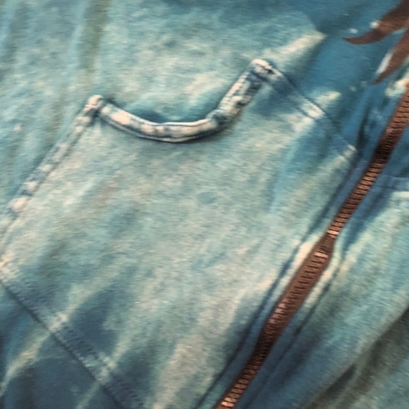 Teal Blue Green Zip Hooded Cardigan Top with Black Peace Sun Design LG NWT - Picture 8 of 14